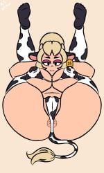 anus ass_focus belly_button big_breasts blonde_hair brawl_stars breasts bsnsfw9_(artist) charlie_(brawl_stars) cow_girl cow_horns cow_print cow_tail eyeshadow fat_ass female female_focus female_only french french_female front_view grabbing_own_leg legs_open legs_up lingerie looking_at_viewer smile thick_ass thick_thighs thighs white_body