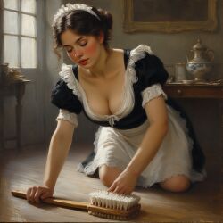1female 1girls ai_generated big_breasts brown_hair cleaning cleaning_tool cute female female_only house inside maid maid_headdress maid_outfit maid_uniform neckline on_knees original original_character realistic room sex_slave sexy_pose