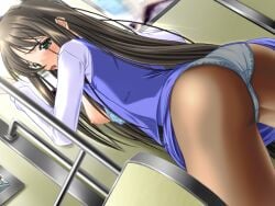 2000s_(style) against_door ass black_hair blue_bra blue_skirt blue_vest blush bra bra_pull breasts clothes_lift clothes_pull cowboy_shot dutch_angle female game_cg green_eyes half-closed_eyes hands_up kawahara_emi large_variant_set leaning_forward long_hair long_sidelocks m&m_(mickey_and_mackey) medium_breasts nipples open_clothes open_vest panties panties_under_pantyhose pantyhose pencil_skirt raised_inner_eyebrows saishu_chikan_densha_(series) saishuu_chikan_densha shirt sidelocks skirt skirt_lift solo standing third-party_source train_interior underwear variant_set vest white_panties white_shirt