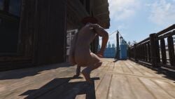1boy 3d ass_focus fallout fallout_76 gas_mask gay glasses helmet ingame kneeling male male_only modded muscular muscular_male nude nude_mod outside pip-boy screencap solo solo_male water_cooler