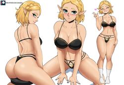 1girls ass back bangs big_ass blonde_hair blue_eyes blush braid breasts breath_of_the_wild butt_crack cleavage closed_mouth collarbone crown_braid cute dat_ass echosaber female female_only from_behind full_body green_eyes hi_res large_breasts light-skinned_female light_skin lingerie looking_at_viewer looking_back multiple_views navel nintendo open_mouth pale-skinned_female pale_skin panties peace_sign pointy_ears princess_zelda short_hair sideboob simple_background sitting smile socks solo tears_of_the_kingdom the_legend_of_zelda thong triforce triforce_print underwear v white_background zelda_(tears_of_the_kingdom)