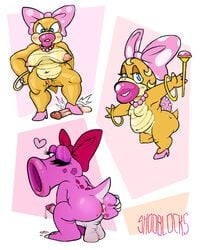 anthro backsack big_balls big_lips birdo blonde_hair blue_eyes bow chubby claws dripping_cum furry futanari high_heels jewelry mario_(series) shooblocks shortstack showing_ass stepping_on_penis transformation wendy_o._koopa wink