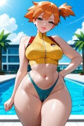 ai_generated arm_at_side bangs building_background cameltoe female ginger_hair hair_between_eyes hair_tie hair_tied_up hourglass_figure kasumi_(pokemon) medium_breasts narrow_waist one_hand_on_hip palm_tree pointy_hair pokemon poolside rgomez007 short_hair skindentation sky solo_female sporty stable_diffusion straps swimming_pool thick_lips thick_thighs thong wide_hips zipper zipper_topwear