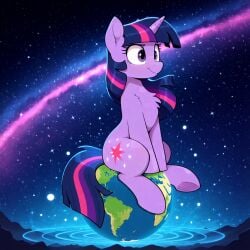 ai ai_art ai_generated earth_(planet) feral furry giantess macro my_little_pony_friendship_is_magic pony sitting_on_planet size_difference slopmare space_background twilight_sparkle_(mlp) unicorn