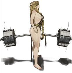 2d_animation animated ass blonde_hair breasts cleavage clothing elden_ring feet funny large_ass large_breasts meme miao_jiangyou queen_marika_the_eternal sideboob simple_background sound sound_effects thick_thighs thighs video weightlifting weights white_background