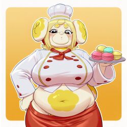 ai_assisted ai_generated belly canine chef chef_hat dog_girl dog_tail fat fat_female fidough food_creature kokenaart macaron pokemon pokemon_(species) pubic_hair tail yellow_skin