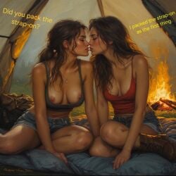 2girls ai_generated before_sex boots breasts_out campfire camping dialogue english_text female female_only jean_shorts kissing nipples original original_character realistic shorts tent tenting text topwear yuri