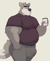 2021 absurd_res anthro belly beverage big_bulge bottomwear bulge canid canine canis clothed clothing coffee cup frown hi_res holding_object male mammal musclegut muscular muscular_anthro muscular_male nipple_outline overweight overweight_anthro overweight_male pants pecs shirt simple_background solo standing tcw_(artist) topwear white_background wolf