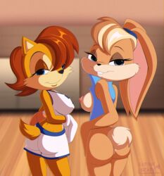 anthro apinkgrape archie_comics ass blonde_hair brown_body buckteeth chipmunk clothing crossover duo eyelashes furry hair hairgrape half-closed_eyes lola_bunny long_ears looking_at_viewer looney_tunes partially_clothed ponytail rabbit red_hair sally_acorn sonic_(series) sonic_the_hedgehog_(archie) sonic_the_hedgehog_(comics) space_jam tan_body warner_brothers