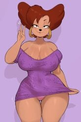 1girls anthro big_breasts black_eyes bottomwear breasts brown_hair clothing disney dress ear_piercing earrings female female_only goof_troop hair hips hoop_earrings huge_breasts mature mature_female mature_woman milf mother panties peace_sign peg_pete pink_panties purple_dress red_head short_dress solo solo_female thick_thighs topwear usnarbit wide_hips