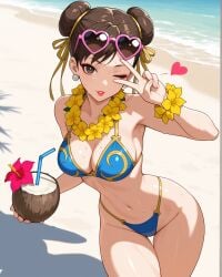 1girls ai_generated asymmetrical_bangs beach belly_button bikini bracelet breasts brown_eyes brown_hair chun-li cleavage coconut double_bun drinking_straw earrings female flower_bracelet flower_necklace hair_bun hair_ribbon heart heart-shaped_eyewear highleg_bikini holding_drink lei looking_at_viewer navel notreallyhere one_eye_closed outdoors parted_lips peace_sign pink_glasses sea seaside short_hair smile solo standing street_fighter sunglasses sunglasses_on_head sweat thigh_gap thighs v_sign vacation wink