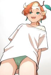 8c23 ai_generated anime_style cameltoe ear_piercing earrings flat_chest flat_chested freckles green_eyes green_panties looking_away oblivious off_shoulder orange_hair oversized_clothes oversized_shirt panties ringo_tsuga shirt short_hair tagme tomboy up_shirt up_view white_shirt youtube youtuber