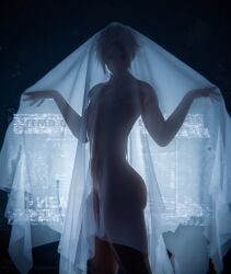 1boy 3d absurdres ava_trist bed_sheet blonde_hair cloud_strife commentary english_commentary femboy final_fantasy final_fantasy_vii final_fantasy_vii_remake flaccid ghost_costume highres male_focus naked_sheet nipples parted_lips penis sheet_ghost short_hair solo solo_male spiked_hair teeth testicles trist_ava uncensored upper_teeth_only