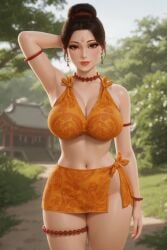 ai_generated armband armpits bead_bracelet bead_jewelry bead_necklace beads bun_hair cleavage devotional earrings east_asian_clothing female forehead_mark greenery hair_strand indian_clothes large_breasts lipstick mini_skirt nature nature_background necklace one_arm_behind_head orange_clothing outdoors pattern_clothing peaceful prayer_beads rgomez007 sagging_breasts shrine side-tie_skirt side_slit side_slit_skirt solo_female spiritual stable_diffusion thick_thighs traditional_clothes tree updo wide_hips