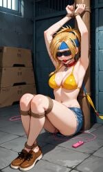 ai_generated ball_gag blindfold blindfolded blindfolded_female bondage bound damsel_in_distress femsub final_fantasy final_fantasy_x gagged miniskirt restrained restrained_arms restrained_legs rikku rope rope_bondage tied tied_up vibrator vibrator_in_pussy