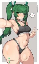 1girls android armpits ass big_ass blush bottom_heavy bra breasts bubble_butt clothing crouching fat_ass female female_only gigantic_ass gigantic_thighs green_eyes green_hair huge_ass kuromaruart large_ass long_hair massive_ass navel nipples nipples_visible_through_clothing panties pantylines phone phone_screen qingyi_(zenless_zone_zero) robot robot_girl selfie small_breasts solo thick_ass thick_thighs thunder_thighs twintails wide_hips zenless_zone_zero