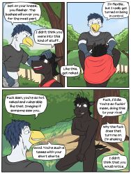 3:4 anthro avian balls beak bird black_body border bottomwear clothed clothed/nude clothing comic covering covering_crotch covering_self diamond_(marking) duo english_text equid equine flustered fuze genitals hand_on_head hi_res horse james_oliver kneeling kneeling_on_ground male male/male mammal markings nervous nude outside plant profanity public public_nudity sam_jackson speech_bubble tail texnatsu text topwear tree undressing_partner white_border