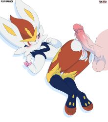 absurd_res anthro balls biped blue_body blue_fur blush cinderace duo erection female fur generation_8_pokemon genitals glans hi_res human humanoid_genitalia humanoid_penis male mammal multicolored_body multicolored_fur nintendo one_eye_closed orange_body orange_fur penis pokemon pokemon_(species) red_body sarox smile white_body white_fur yellow_body yellow_fur