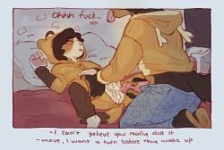 1girls andromorph andromorph/male anthro bed bodily_fluids brown_body brown_fur brown_hair canid canine canis clothing cum cum_in_vagina cum_inside domestic_dog english_text fur furniture genital_fluids genitals group hair herding_dog hi_res incest intersex intersex/male male mammal masturbation onesie orange_body orange_fur pajamas pastoral_dog penile penile_masturbation penis pillow sex shiloh_(shipupp) shipupp sleep_molestation sleep_sex sleeping text tongue trans_(lore) trans_man_(lore) trio vaginal vulva white_body white_fur