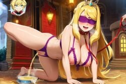 ai_generated big_breasts blindfold blonde_hair blushing brother_and_sister chelle_(dragalia_lost) crotchless crown cupless_bra dog_collar dominant_male dragalia_lost euden humiliation incest lace leash leash_and_collar leash_pull leg_up lifting_leg lingerie nipples obedient_female older_female_and_younger_male older_sister peeing pet petplay pissing siblings steamy_breath submissive_female urination urine vagina