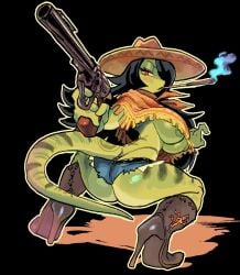 1girls 2026 2d_(artwork) anthro black_background black_hair bottomwear clothing crouching denim denim_bottomwear denim_clothing denim_shorts female footwear green_body gun hair handgun hat headgear headwear high_resolution jeans la_lagartijita_(spicyfuse) lizard long_hair looking_at_viewer looking_back pants poncho ranged_weapon red_eyes reptile revolver scalie shoes shorts solo solo_female spicyfuse tail weapon