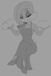 2017 anthro ass babs_bunny billboi black_eyes bow_tie breasts cleavage clothed clothing crossed_legs dress erection eyebrows eyelashes female genitals grey_background half-closed_eyes hi_res high_heels holding_penis lagomorph leporid lipstick looking_at_viewer makeup male male/female mammal monochrome narrowed_eyes penis rabbit simple_background small_breasts tiny_toon_adventures traditional_media_(artwork) trio warner_brothers