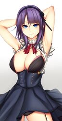 2016 armpit armpits arms_behind_head arms_up black_panties black_skirt blue_eyes bra breasts cleavage dagashi_kashi eyebrows_visible_through_hair female female female_focus female_only looking_at_viewer panties purple_eyes shidare_hotaru simple_background skirt skirt_lift solo solo_female solo_focus standing tony_guisado underwear upskirt white_background