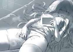 blush cellphone commentary english_commentary female female_masturbation hews hews_hack highres holding holding_phone kaoru_hana_wa_rin_to_saku long_hair lying masturbation monochrome on_back open_mouth phone smartphone solo steam thighhighs waguri_kaoruko
