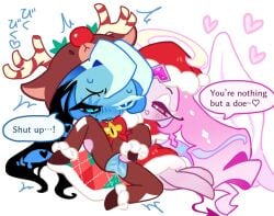 1boy 1boy1girl 1boys 1girl1boy 1girls christmas christmas_eternal_sugar_cookie christmas_outfit christmas_shadow_milk_cookie conversation cookie_run cookie_run_kingdom cuntboy devsisters dialogue english_text eternal_sugar_cookie exposed_pussy female reindeer_costume santa_hat shadow_milk_cookie tagme teasing touching_pussy yoku_o_(artist)