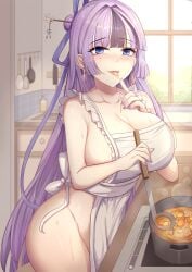 1girls apron black_hair blue_eyes blush breasts cleavage_cutout clothing_cutout collarbone commentary cooking cooking_pot earrings goddess_of_victory:_nikke highres holding holding_ladle indoors jewelry jien_(nikke) kitchen ladle large_breasts long_hair mole mole_under_eye multicolored_hair multiple_moles naked_apron nose_blush purple_hair purple_nails solo tongue two-tone_hair very_long_hair white_apron yougenko