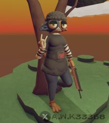 1girls 3d 3d_(artwork) :3 arm_sleeves awk33368_(artist) beanie clothed ear_piercing feline female female_focus female_only flat_chest fortnite fortnite_scar furry furry_only holding_weapon jeans leaning_on_object lidded_eyes meow_skulls_(fortnite) rec_room relaxed sign_of_the_horns small_breasts standing t-shirt tree