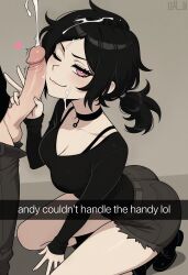 1boy 1girls ai_generated andrew_graves ashley_graves big_ass black_choker black_hair black_shirt boots breasts brother_and_sister caption cum cum_in_hair cumming ejaculation english_text erection handjob incest lt4_ai one_eye_closed peace_sign penis penis_on_face pink_eyes ponytail projectile_cum self_upload selfie shorts simple_background smile smirk smug snapchat stable_diffusion text the_coffin_of_andy_and_leyley thighs watermark