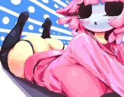 1girls ass black_thighhighs blush bottomless exposed_ass garter_belt garter_straps large_ass laying_on_stomach looking_at_viewer mask on_stomach original pink_hair pink_hoodie pixel_art shy_gal thick_thighs thighhighs yev-san