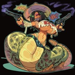 2026 2d_(artwork) anthro apode big_breasts black_background black_hair bottomwear breasts cigarette cigarette_in_mouth clothing denim denim_bottomwear denim_clothing denim_shorts draconcopode eyebrows eyelashes eyeshadow female gun hair hair_over_eye handgun hat headgear headwear highres holding_gun holding_handgun holding_object holding_ranged_weapon holding_revolver holding_weapon legless long_eyelashes long_hair looking_at_viewer makeup mask naga narrowed_eyes navel navel_piercing object_in_mouth piercing pink_eyeshadow pit_viper ranged_weapon rattlesnake reptile revolver scalie serpentine shirt shorts simple_background small_waist smoke snake solo sombrero sound_effects spicyfuse tank_top thong_straps topwear torn_clothing under_boob viper weapon wrapped_arms wraps yellow_sclera