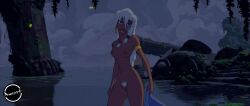 animated atlantis:_the_lost_empire avery;4 breasts clouds disney gif kida lily_pad nipples nude nude_female nude_filter outdoor_nudity pond pussy ruins swimming undressing water