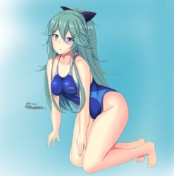 competition_swimsuit feet green_eyes green_hair kantai_collection legs medium_breasts on_knees one-piece_swimsuit ribbon swimsuit yamakaze_(kantai_collection)