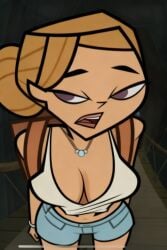 ai_assisted ai_generated blonde_hair breasts cleavage down_angle down_view downblouse julia_(tdi) tank_top total_drama_island total_drama_island_(2023)