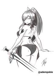 1girls 2d 2d_(artwork) 2d_artwork adempskie arm_support ass ass_cleavage ass_crack back back_dimples bikini bikini_bottom bikini_only bikini_top black_and_white blade breasts closed_mouth_smile digital digital_art digital_drawing digital_drawing_(artwork) digital_media digital_media_(artwork) dimples_of_venus drawing erza_scarlet eyebrows_visible_through_hair eyes_visible_through_hair fairy_tail female female_focus female_only fingers gluteal_fold greyscale hair_covering_eye hair_over_eye hair_over_one_eye halterneck high_resolution highres hourglass_figure large_breasts lean_figure legs_closed legs_together long_hair looking_at_viewer looking_back looking_back_at_viewer median_furrow monochrome narrow_waist ponytail shoulder_blades shoulders side-tie_bikini sideboob simple_background slender_body slender_waist slim_waist smile smiley_face smiling smiling_at_viewer solo standing string_bikini swimsuit swimwear sword thick_ass thick_butt thick_thighs thighs thighs_together upper_body weapon white_background wide_hips