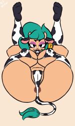 anus ass_focus belly_button big_breasts brawl_stars breasts bsnsfw9_(artist) cow_girl cow_horns cow_print cow_tail eyeshadow fat_ass female female_focus female_only front_view grabbing_own_leg green_hair legs_open legs_up lingerie lipstick lola_(brawl_stars) looking_at_viewer sharp_teeth tanned tanned_skin teeth teeth_showing thick_ass thick_thighs thighs
