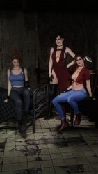 3d 3girls ada_wong bare_midriff bedframe black_boots black_hair black_jeans blue_eyes blue_jeans blue_tank_top boots breasts brown_eyes brown_hair capcom chair choker claire_redfield cleavage collarbone female female_only fingerless_gloves gloves graffiti graffiti_on_wall half_gloves hand_on_hip hi_res highres indoors jeans jewelry jill_valentine jill_valentine_(sasha_zotova) lace_choker lamp large_breasts looking_at_viewer medium_breasts munchyman25 navel necklace panty_peek red_dress red_shirt resident_evil resident_evil_2 resident_evil_2_remake resident_evil_3 resident_evil_3_remake short_hair shoulder_holster sideboob sitting sleeveless sleeveless_dress source_request standing tank_top thigh_boots tied_shirt tile_floor virt-a-mate