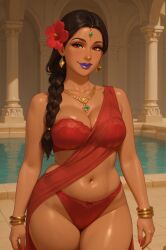 ai_generated architecture bangle belly_button black_hair bow_panties bra_visible_through_clothes bracelet braided_hair caramel-skinned_female chatgpt earrings female flower_in_hair forehead_jewel gold_bangle gold_earrings gold_jewelry hair_over_one_breast hair_over_shoulder hibiscus indian indian_clothes indian_female indoor_pool large_breasts milf necklace panties pendant pillar poolside purple_lipstick red_clothing relaxed_expression rgomez007 saree sari see-through single_braid solo_female stable_diffusion temple temple_background thick_thighs traditional_clothes wide_hips