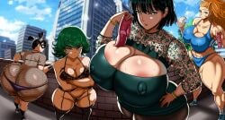4girls alternate_body_type ass ass_bigger_than_head ass_body big_ass big_breasts blonde_hair breasts breasts_bigger_than_head captain_mizuki female female_focus female_only fubuki_(one-punch_man) green_eyes green_hair hi_res highres huge_ass huge_breasts large_ass large_breasts multiple_girls one-punch_man only_female shadow_ring sisters source_request tatsumaki vn_simp