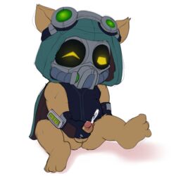 1:1 1boy 3_toes anthro balls bodily_fluids bottomless brown_balls brown_body brown_fur brown_penis clothed clothing cum cumshot ejaculation eyewear feet fur genital_fluids genitals glans glistening glistening_genitalia glistening_glans glistening_penis goggles hi_res holding_penis humanoid_genitalia humanoid_penis jerseydevil league_of_legends male male_only mask masturbation one_eye_closed orgasm penile penile_masturbation penis pink_glans riot_games shadow simple_background sitting solo spread_legs spreading teemo toes video_games white_background yellow_eyes yordle