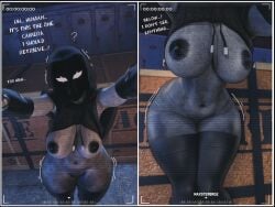 3d 3d_(artwork) 3d_model breasts breasts_out bush camera camera_view crossing_legs female female_focus female_only grey_skin half-dressed hips hoodie looking_at_viewer maxsterbrge monster monster_girl movement_lines multiple_views robot robot_girl text tummy