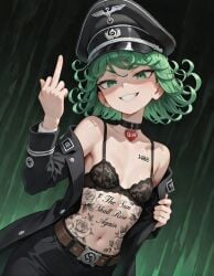 1488 ai ai_assisted ai_generated belt bleached choker green_eyes green_hair grinning lace_bra middle_finger navel nazi nazi_uniform open_clothes open_jacket pants petite petite_body qoh queen_of_hearts queen_of_hearts_necklace small_breasts smiling tatsumaki tattoo tattoos visor_cap waffen-ss
