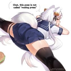 1female 1girls 2026 2d 2d_(artwork) animal_ears animal_humanoid ass big_ass big_butt burger clothed clothed_female clothing dialogue english english_dialogue english_text filian_(vtuber) indie_virtual_youtuber looking_back skirt tail text thick_thighs thighhighs thighs virtual_youtuber vtuber wersman white_hair