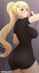 1girls ass big_ass big_breasts big_butt blonde_hair blue_eyes blush blushing darkness_(konosuba) female female_focus female_only jam_pentail jampen kono_subarashii_sekai_ni_shukufuku_wo! long_hair looking_at_viewer looking_back nipples_visible_through_clothing panties see-through see-through_clothing skin_tight solo solo_female solo_focus white_panties