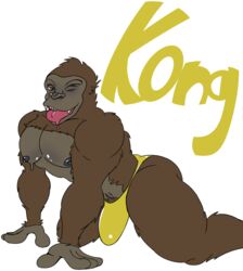 absurd_res ambiguous_gender anthro ape ass bodily_fluids bulge clothing erection fur haplorhine hi_res king_kong king_kong_(series) male male_only mammal muscular nipples one_eye_closed primate raccoon_mints solo sweat teeth thong tongue tongue_out underwear wink