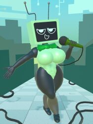 3d 3d_(artwork) 5_fingers antenna antenna_wire antennae background barefoot big_ass big_breasts big_thighs black_arms black_legs block_head blushcrunch_studio bow_tie bowtie box_head breasts building buildings busty busty_female busty_girl dandy's_world dandys_world eyelashes green_body green_bow green_bowtie green_face green_torso high_quality holding_microphone holding_object leotard microphone microphone_tail microphone_wire no_nipples no_toes nsfw_version_available null open_mouth posing posing_for_picture poster rec_room recroom robot robot_girl robot_humanoid screen screen_face self_upload sfw shaded simple_eyes simple_face syntholsoul textless textless_version thick_thighs thighs titties tv tv_face tv_head tv_screen tv_woman tvwoman vee_(dandy's_world) wire wires