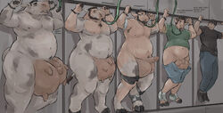 anthro assembly_line bottomwear bovid bovine cattle clothing dialogue flaccid genitals group hayhorse human male male_focus male_only male_udder male_with_udders malesub mammal overweight overweight_male pants penis spots teats torn_bottomwear torn_clothing torn_pants torn_shoes transformation udder_balls udders weight_gain white_body